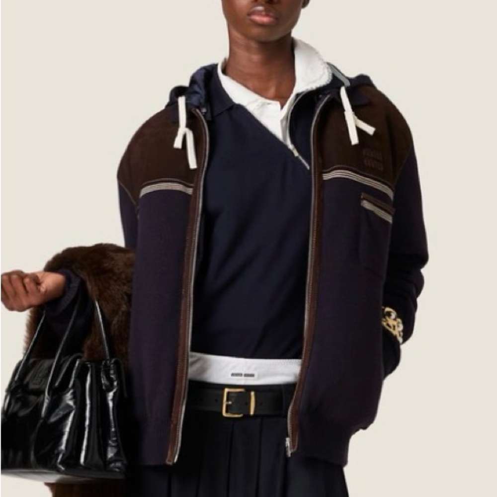 Miu Miu Cotton piqué zippered polo shirt Navy and Brown Zip-Up Hoodie Jacket